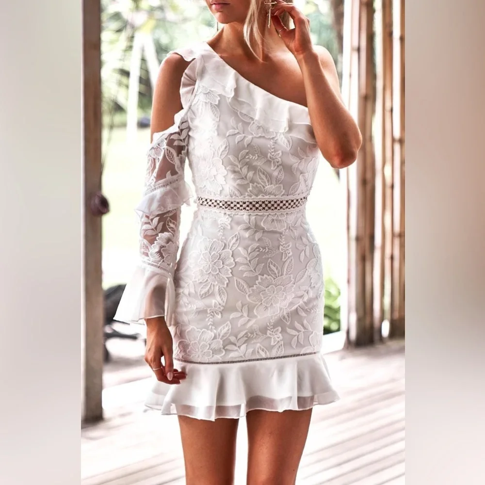 White One Shoulder Ruffled Dress - Picture 1 of 5